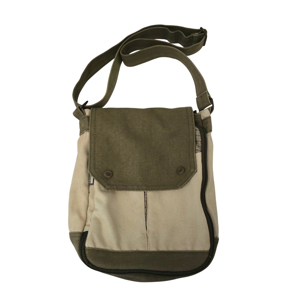 Vintage 90s Route 66 Canvas Olive Green Beige Plaid Utility grunge crossbody Bag